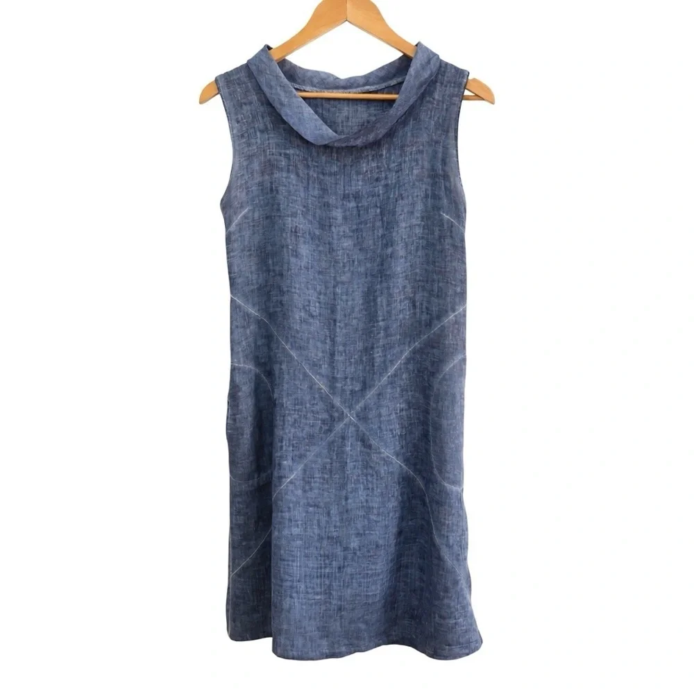 100% Linen Made in Italy Midi Sleeveless Blue Linen Shift Dress Sz M Unbranded - Picture 1 of 12